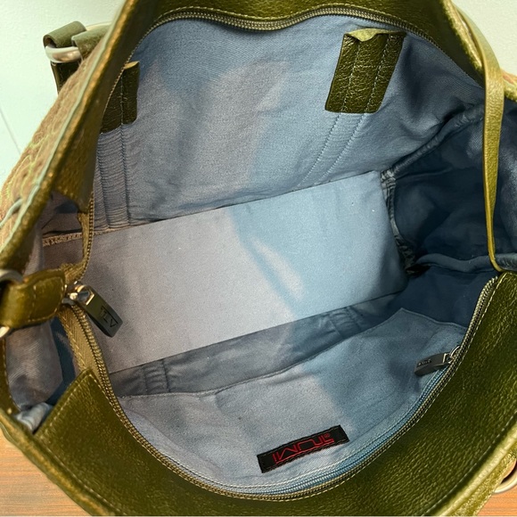 TUMI Wool Leather Trim Tote Shoulder Bag and Wallet Brown Green 13"x9.5" Circles - Picture 4 of 16